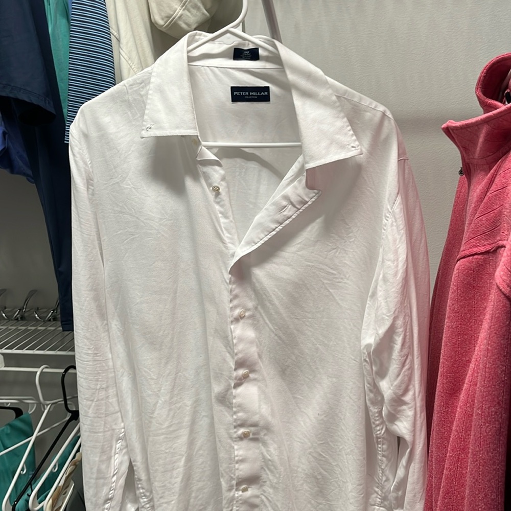 Very slightly used Large White Peter Millar Cotton Button up Dress Shirt